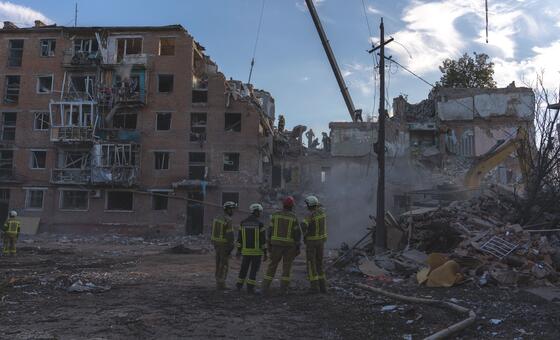 Buildings are destroyed after overnight strikes in Pryluky in the Chernihiv region, Ukraine.
